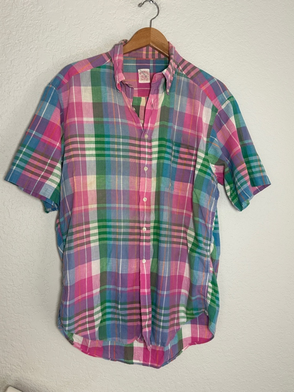 Vintage Brooks Brothers Plaid Button Up Shirt Summer Vacation Pastel Pink Green